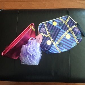 Cosmetic pouches and a therapeutic body sponge.